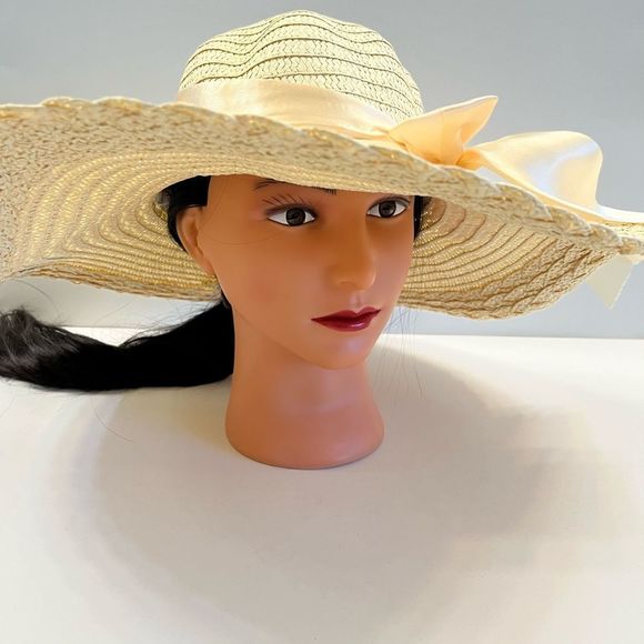 Floppy Straw Sun Hat 5” w/ Silk Bow - Beige - Picture 7 of 8